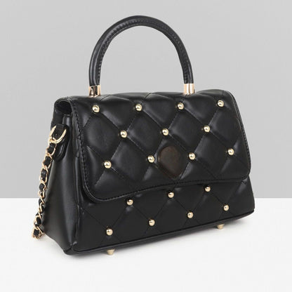 QUILTED STUDDED BLACK LUXE TOP HANDLE HANDBAG