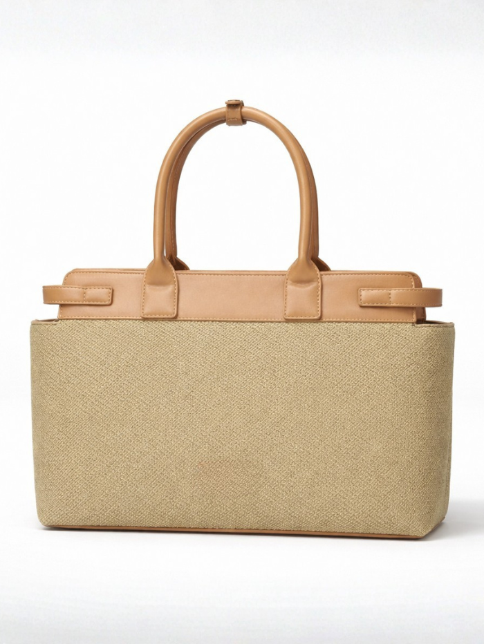 Women's Premium Jute & PU Leather Olive Green Structured Tote Bag