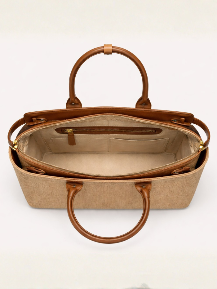 Women's Premium Jute & PU Leather Brown Structured Tote Bag