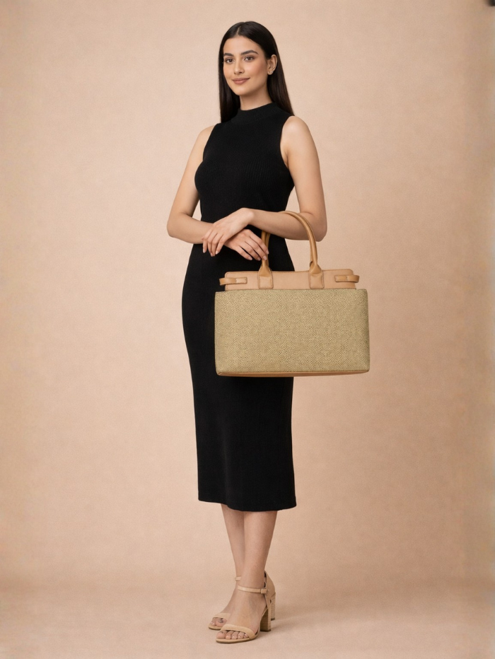 Women's Premium Jute & PU Leather Olive Green Structured Tote Bag