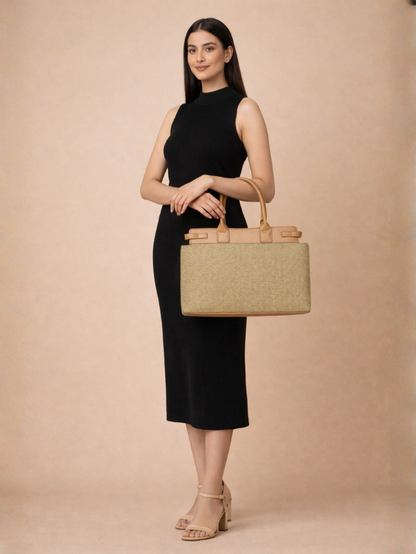 Women's Premium Jute & PU Leather Olive Green Structured Tote Bag