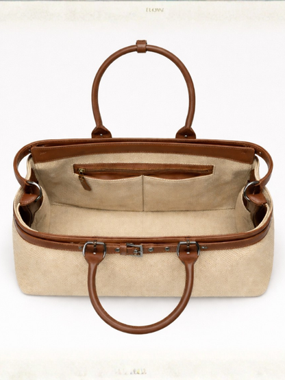 Women's Premium Jute & PU Leather Beige Structured Tote Bag