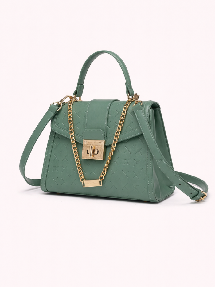 Stylish Embossed Green Chain Lock Top Handle Sling Bag for Women