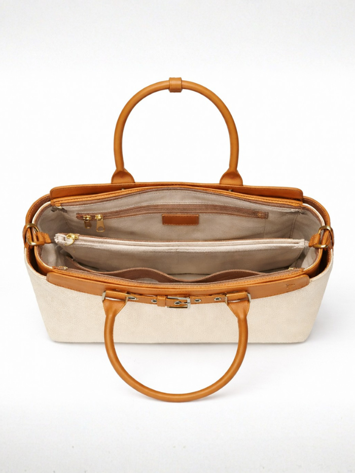 Women's Premium Jute & PU Leather Off White Structured Tote Bag