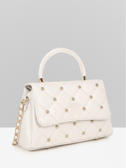 QUILTED STUDDED OFF WHITE LUXE TOP HANDLE HANDBAG