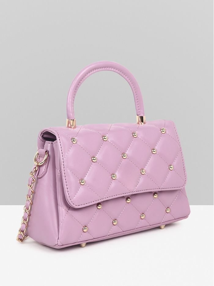 QUILTED STUDDED PURPLE LUXE TOP HANDLE HANDBAG