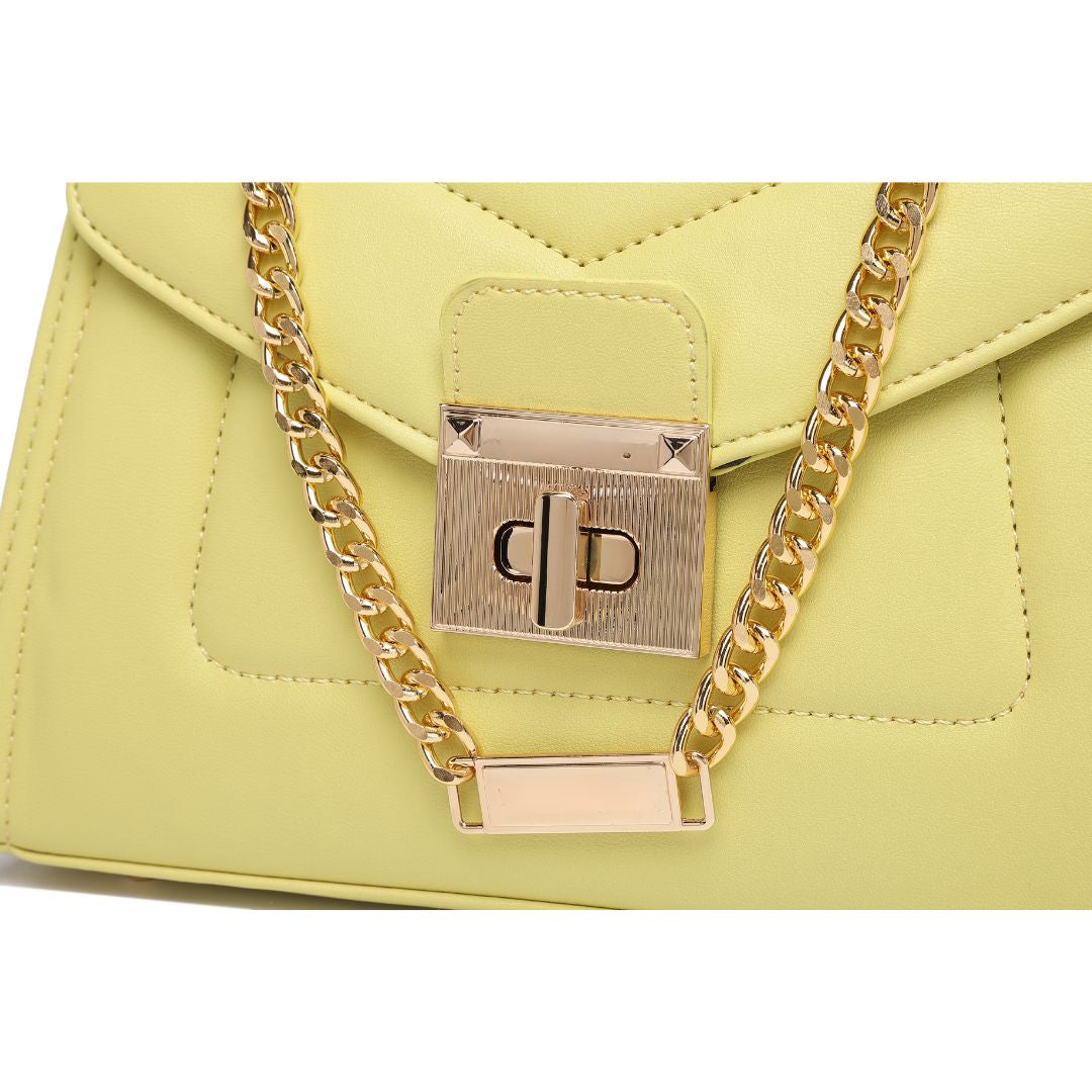 ELEGANT YELLOW LOCK CHAIN STRUCTURED HANDBAG