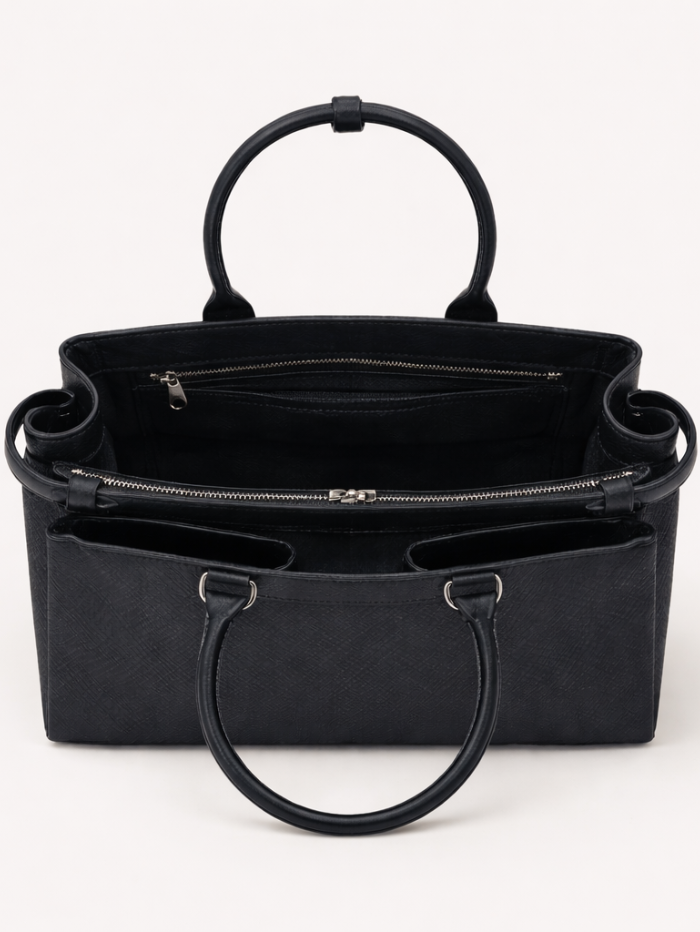 Women's Premium Jute & PU Leather Black Structured Tote Bag
