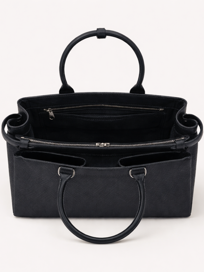Women's Premium Jute & PU Leather Black Structured Tote Bag