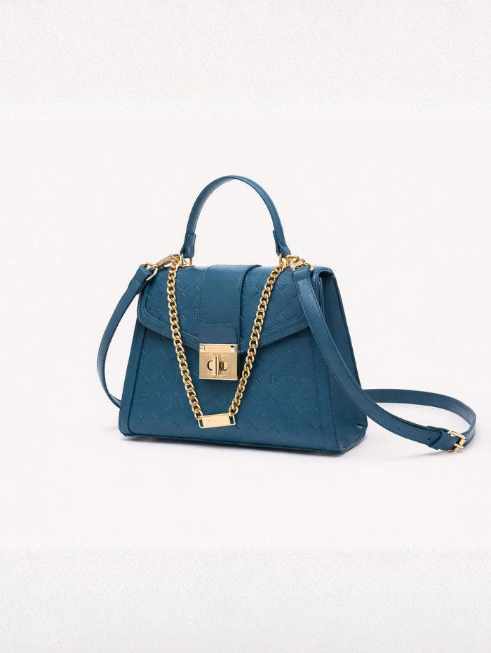 Stylish Embossed Blue Chain Lock Top Handle Sling Bag for Women