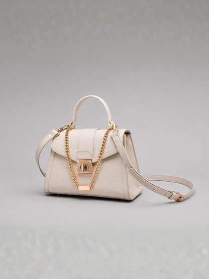 Stylish Embossed Off White Chain Lock Top Handle Sling Bag for Women