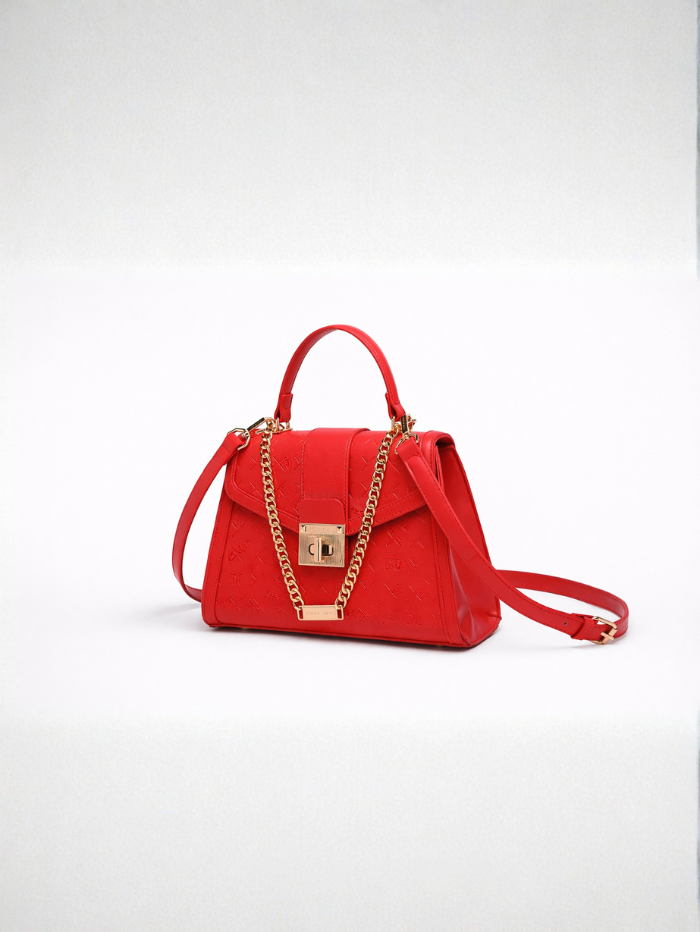 Stylish Embossed Red Chain Lock Top Handle Sling Bag for Women