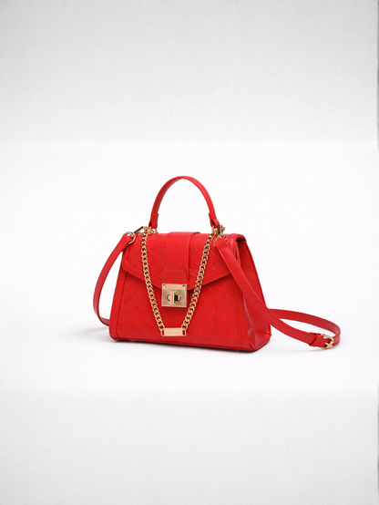 Stylish Embossed Red Chain Lock Top Handle Sling Bag for Women