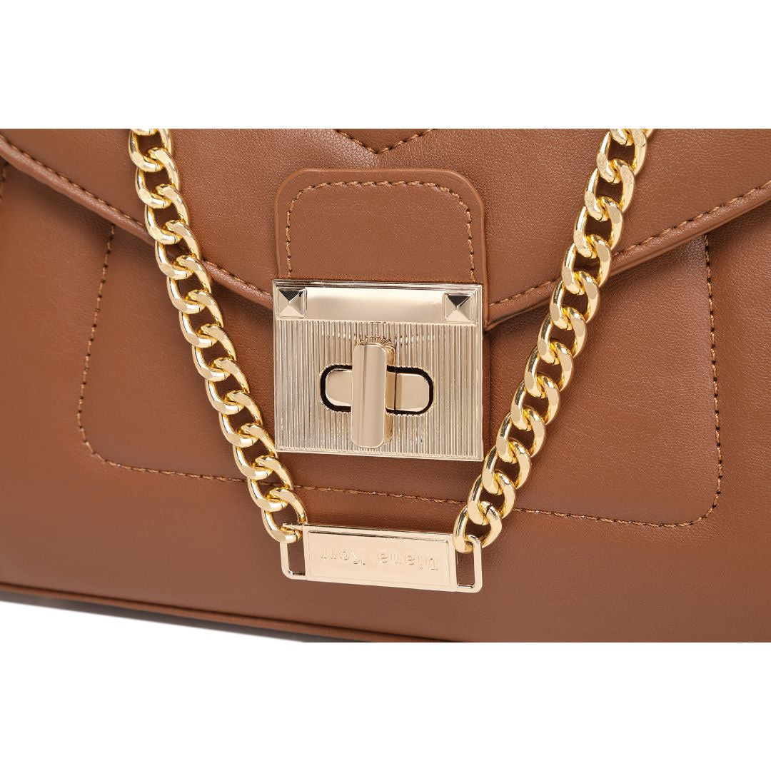 ELEGANT BROWN LOCK CHAIN STRUCTURED HANDBAG