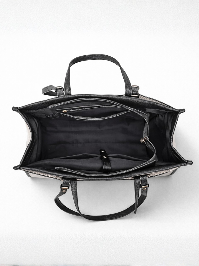 Premium Canvas & PU Leather Office Black Travel Tote Bag for Women