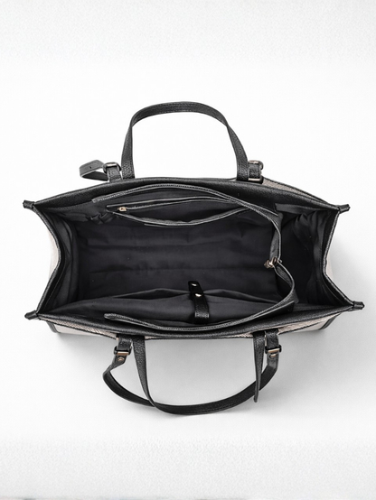 Premium Canvas & PU Leather Office Black Travel Tote Bag for Women