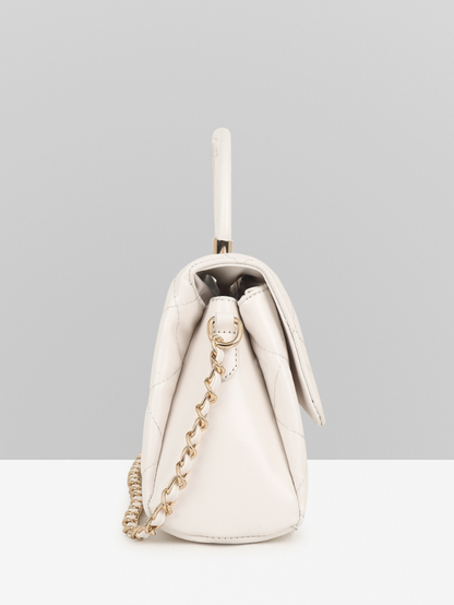 QUILTED STUDDED OFF WHITE LUXE TOP HANDLE HANDBAG