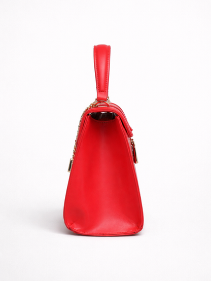 Stylish Embossed Red Chain Lock Top Handle Sling Bag for Women