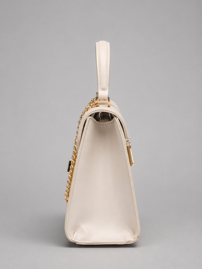 Stylish Embossed Off White Chain Lock Top Handle Sling Bag for Women