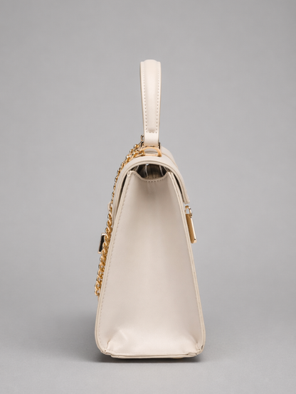 Stylish Embossed Off White Chain Lock Top Handle Sling Bag for Women
