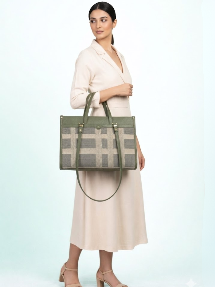 Premium Canvas & PU Leather Office Green Travel Tote Bag for Women