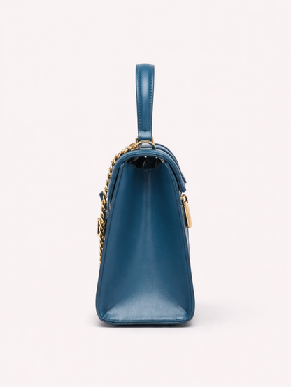 Stylish Embossed Blue Chain Lock Top Handle Sling Bag for Women