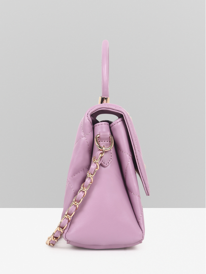 QUILTED STUDDED PURPLE LUXE TOP HANDLE HANDBAG