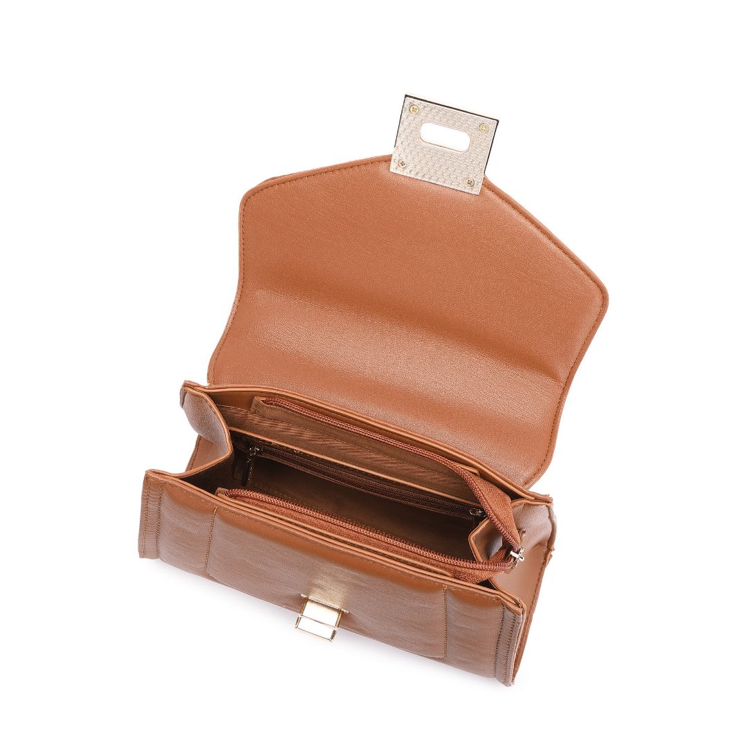 ELEGANT BROWN LOCK CHAIN STRUCTURED HANDBAG