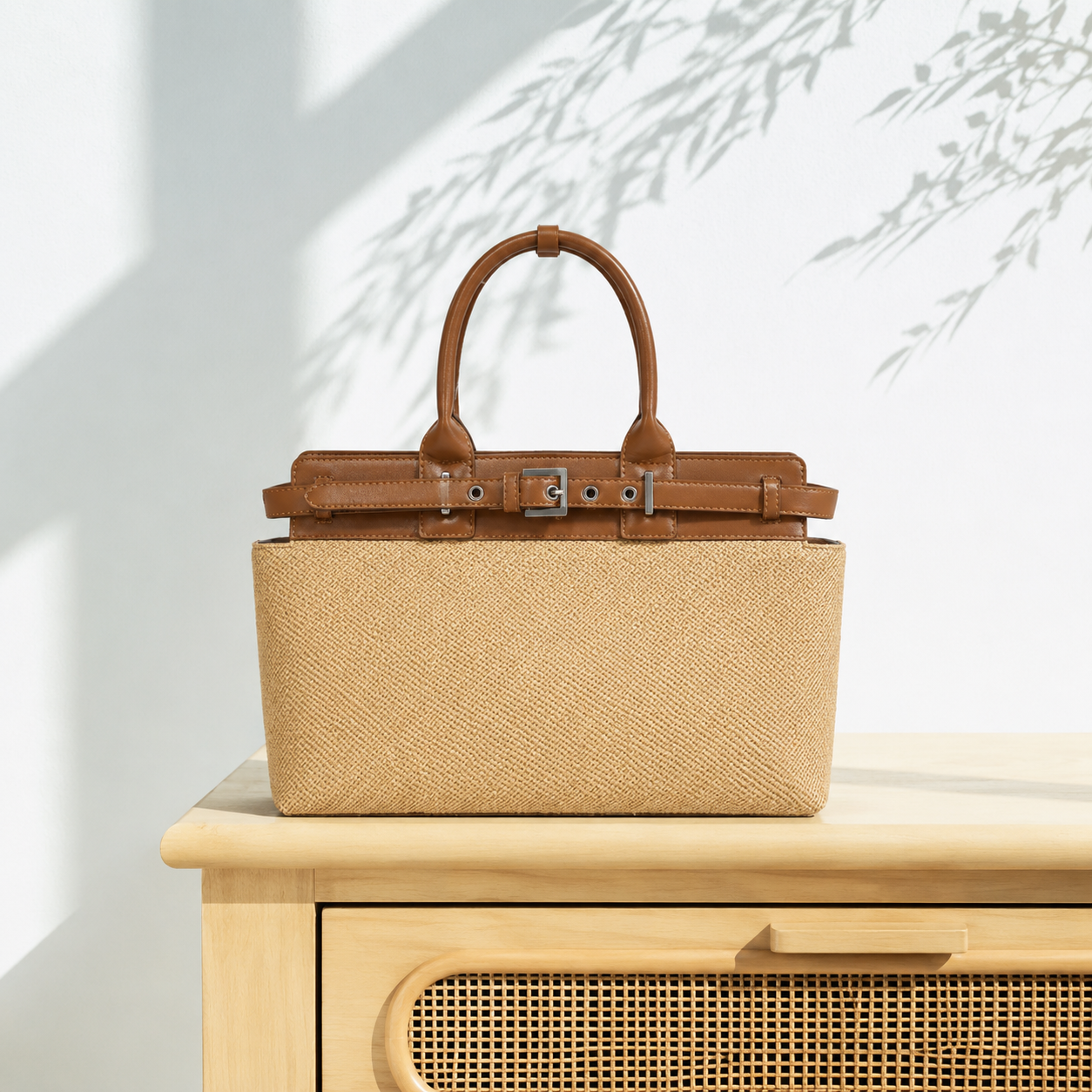 Women's Premium Jute & PU Leather Brown Structured Tote Bag