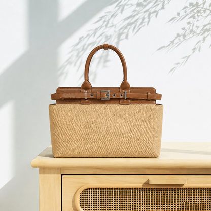 Women's Premium Jute & PU Leather Brown Structured Tote Bag