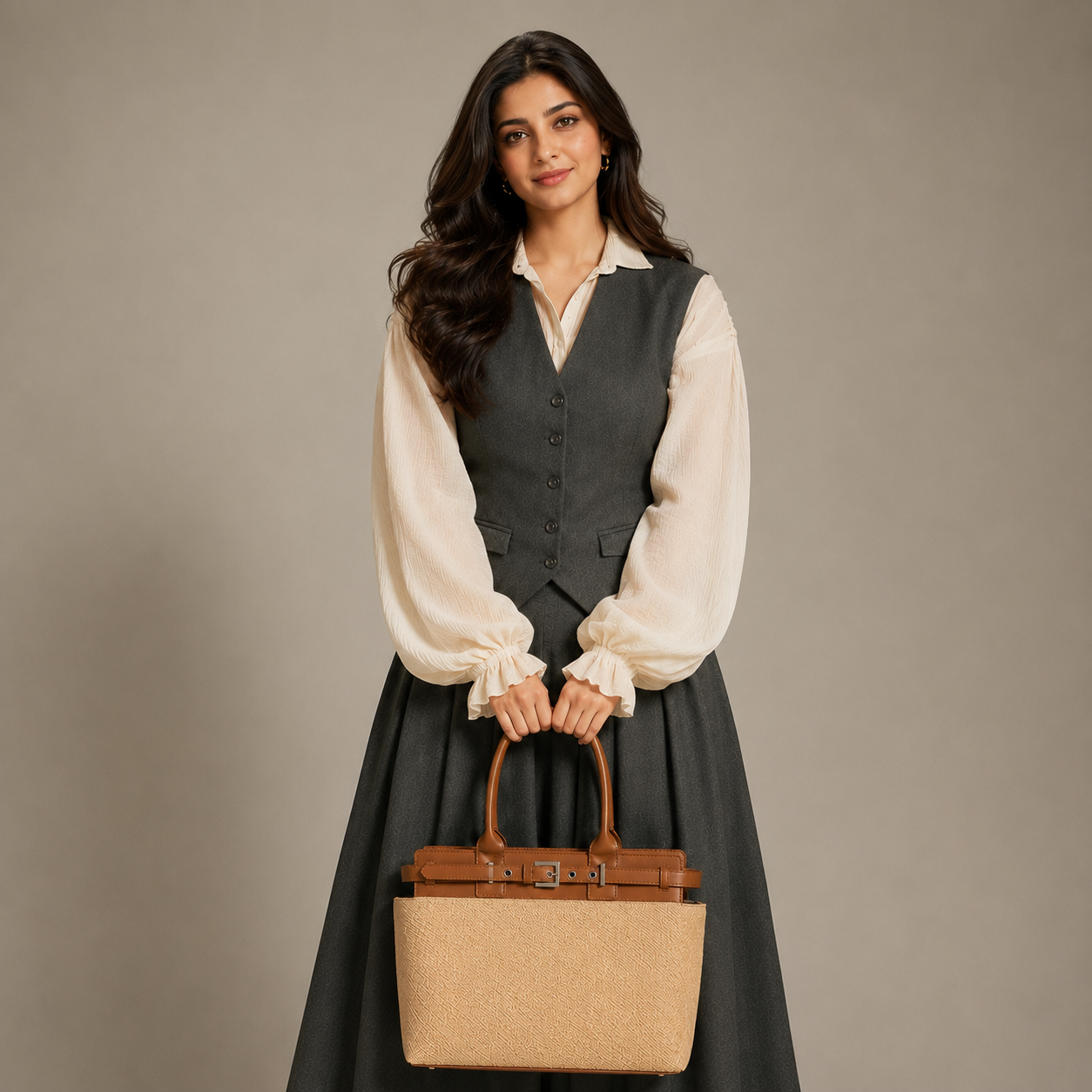 Women's Premium Jute & PU Leather Brown Structured Tote Bag
