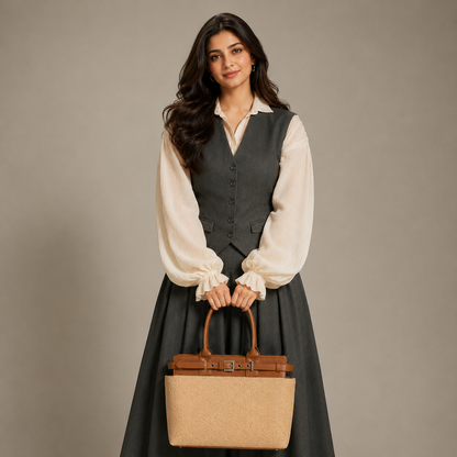 Women's Premium Jute & PU Leather Brown Structured Tote Bag