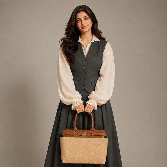 Women's Premium Jute & PU Leather Brown Structured Tote Bag