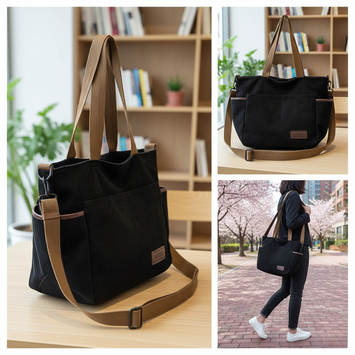 Corduroy Shoulder Tote Bag – Large Casual Handbag with Adjustable Strap
