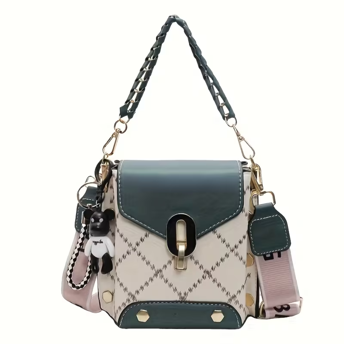 Premium Broad Belt Sling Bag – Designer Check Pattern Sling with Charm & Chain Detail