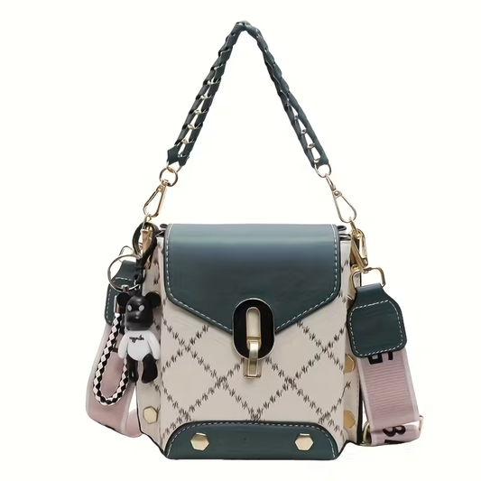 Premium Broad Belt Sling Bag – Designer Check Pattern Sling with Charm & Chain Detail