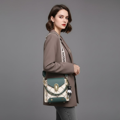 Premium Broad Belt Sling Bag – Designer Check Pattern Sling with Charm & Chain Detail